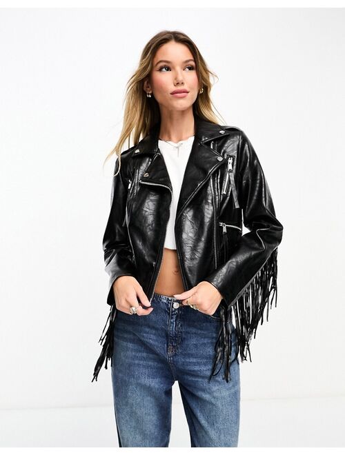 Miss Selfridge fringe faux leather biker jacket in black