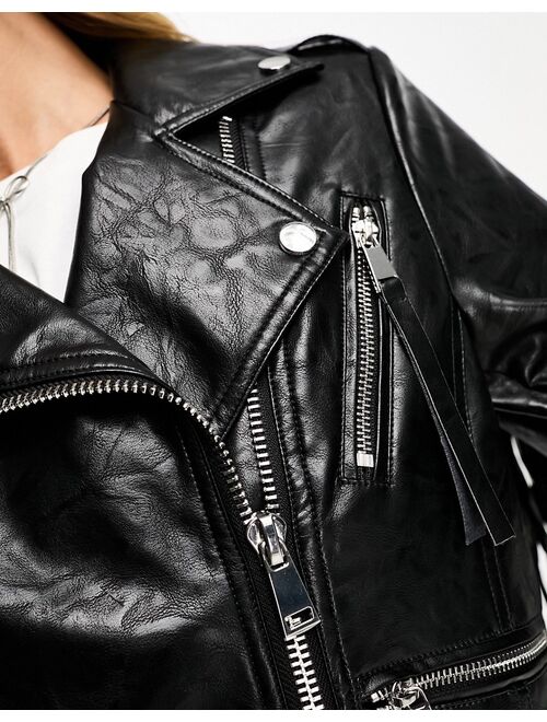Miss Selfridge fringe faux leather biker jacket in black