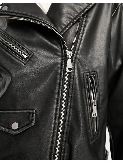 Stradivarius oversized faux leather biker jacket in washed black