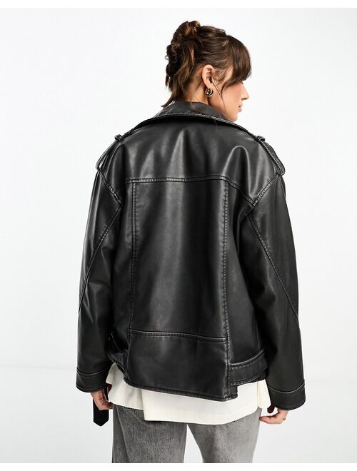 Stradivarius oversized faux leather biker jacket in washed black
