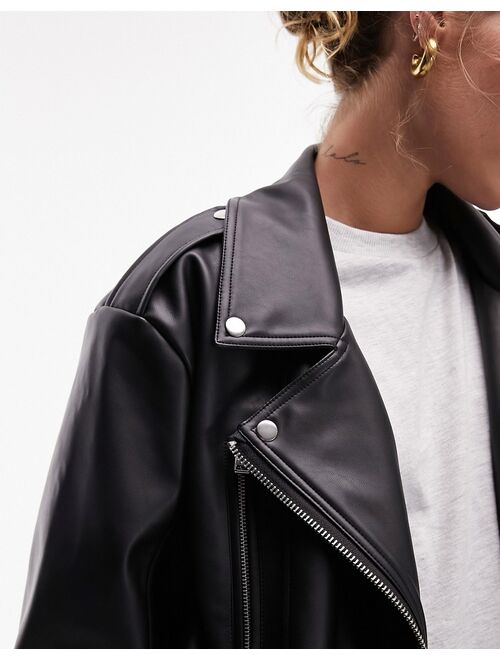 Topshop faux leather super oversized biker jacket in black