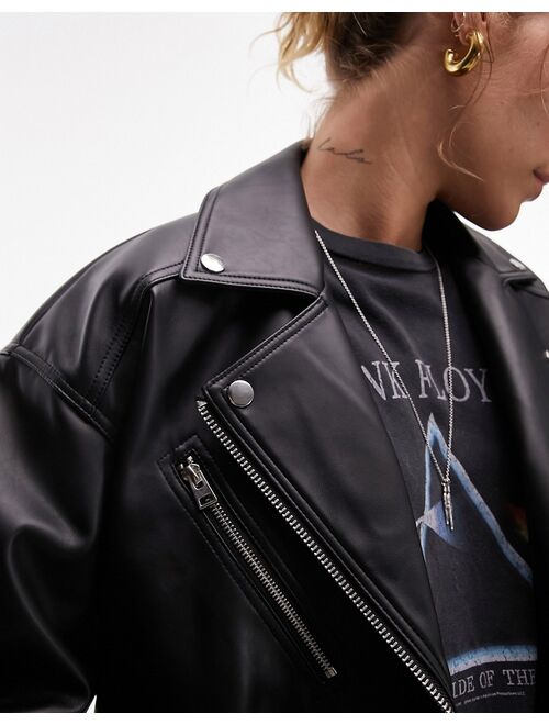 Topshop faux leather oversized biker jacket in black