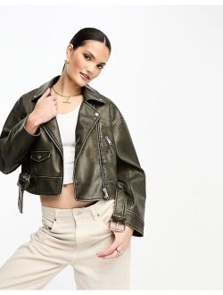 faux leather moto jacket in washed brown