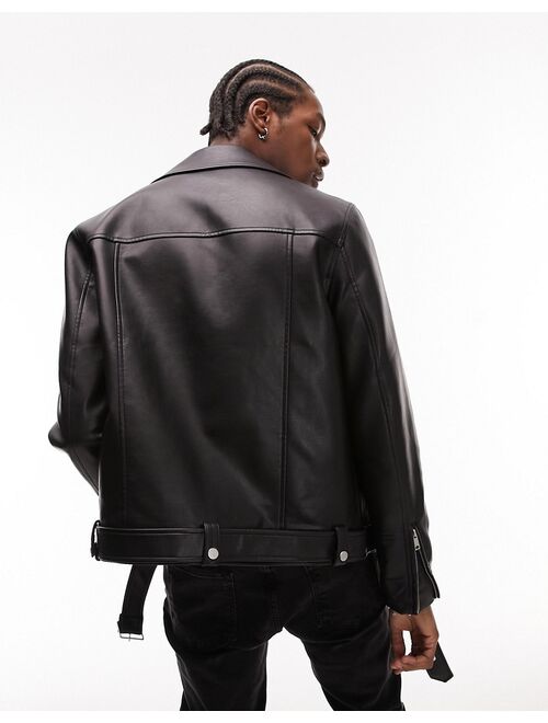 Topman faux leather belted moto jacket in black