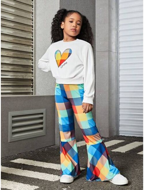 SHEIN Kids EVRYDAY 2pcs/set Teenage Girls' Heart & Letter Print Sweatshirt And Plaid Bell Bottom Pants