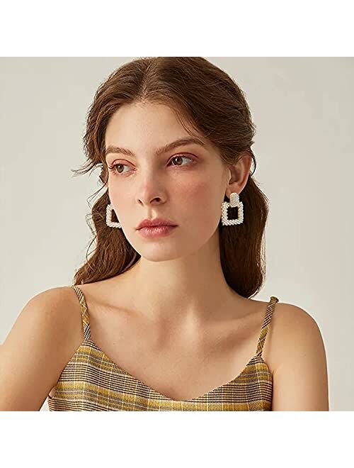 Jiaoge Pearl Drop Earrings for Women, Boho Faux Pearl Earrings Gold Dangle Stud Earrings Geometric Earrings for Girls