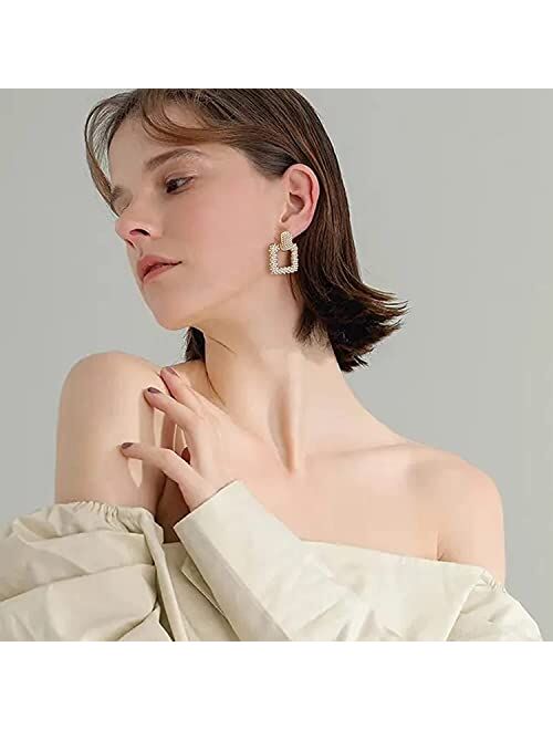 Jiaoge Pearl Drop Earrings for Women, Boho Faux Pearl Earrings Gold Dangle Stud Earrings Geometric Earrings for Girls