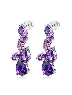 Aeneas Amethyst Cluster Earrings 925 Sterling Silver Amethyst Teardrop Earrings Gradient Dark Purple Crystal Dangle Drop Earrings Purple Jewelry Gifts for Women Girls Chr