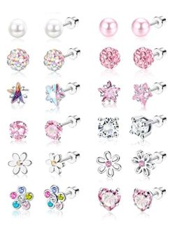 SAILIMUE 12 Pairs Hypoallergenic Screw Back Earrings for Women Girls Surgical Steel Cute Heart CZ Flower Pearl Ball Tiny Screwback Stud Earring