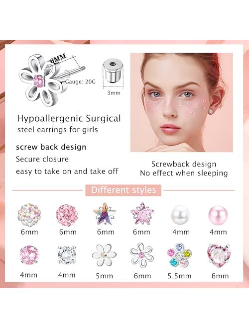 SAILIMUE 12 Pairs Hypoallergenic Screw Back Earrings for Women Girls Surgical Steel Cute Heart CZ Flower Pearl Ball Tiny Screwback Stud Earring