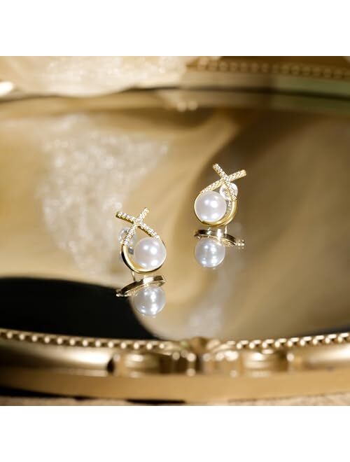 Birger Jarls 23 Pearl Earrings for Women,925 Sterling silver AAAA+ Freshwater 10mm Pearl Earrings Stud,14K Gold Plated 5A Cubic Zirconia Earrings Jewelry for Girls,Elegan