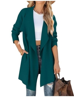 Women's 2023 Casual Lapel Cardigan Long Sleeve Open Front Irregular Hem Soft Knitted Sweater Coat with Pockets
