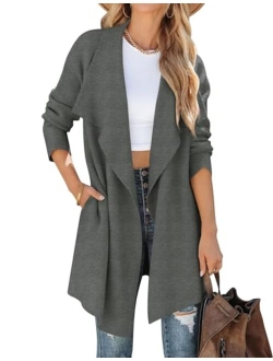 Women's 2023 Casual Lapel Cardigan Long Sleeve Open Front Irregular Hem Soft Knitted Sweater Coat with Pockets