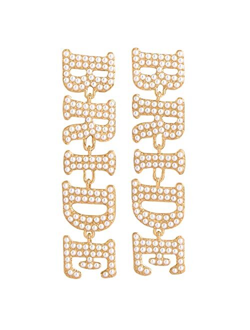 xo, Fetti Bride Pearl Drop Earrings, 3" Drop, Gold Pearl Charm Letter Jewelry | Bachelorette Party Decorations, Bridesmaid Gift, Bridal Shower, Wedding