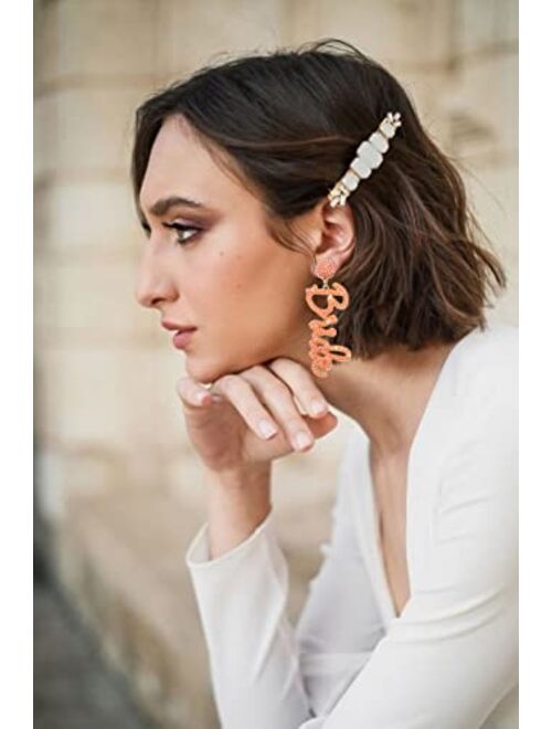 Nvenf Bride Earrings Beaded Wedding Earrings for Women Delicate Letter Bride Dangle Drop Earrings Bridesmaids Bachelorette Party Jewelry Gift