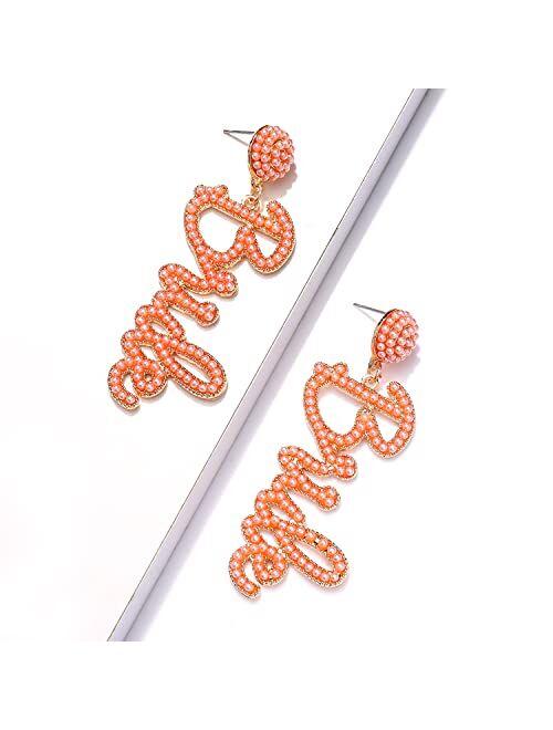 Nvenf Bride Earrings Beaded Wedding Earrings for Women Delicate Letter Bride Dangle Drop Earrings Bridesmaids Bachelorette Party Jewelry Gift