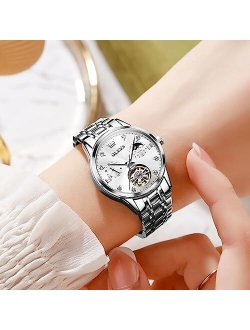 Womens Automatic Skeleton Watches Luxury Diamond Self Winding Tourbillon Fashion Dress Wrist Watch Stainless Steel Waterproof Luminous Moon Phase