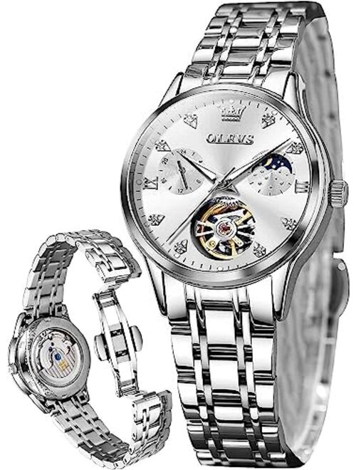 OLEVS Womens Automatic Skeleton Watches Luxury Diamond Self Winding Tourbillon Fashion Dress Wrist Watch Stainless Steel Waterproof Luminous Moon Phase