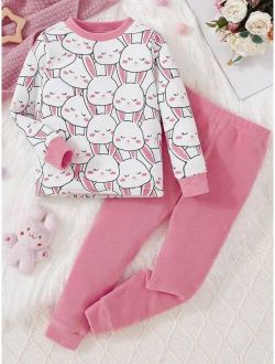 Toddler Girls' Cute Bunny Print Thermal Fleece Tight Pajama Set