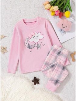 Little Girls' Cute Rabbit Printed Thermal Fleece Tight Pajamas Set