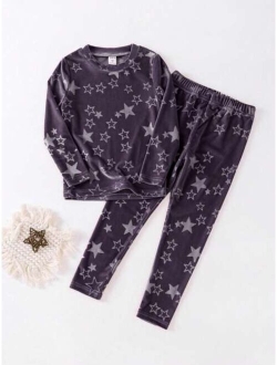 Girls (large) Star Print Long Sleeve Suede Home Clothes Set