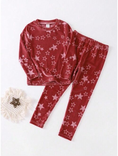 Shein Girls (large) Star Print Long Sleeve Suede Home Clothes Set
