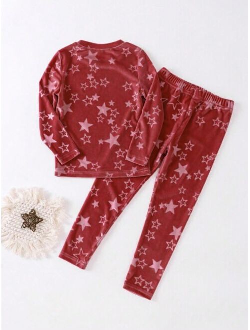 Shein Girls (large) Star Print Long Sleeve Suede Home Clothes Set