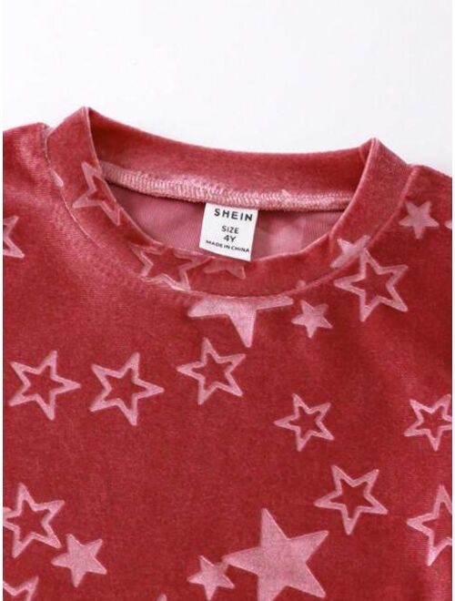 Shein Girls (large) Star Print Long Sleeve Suede Home Clothes Set
