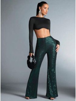 SHEIN BAE Women'S Elegant Party Outfit Dark Green Sequin Flare Pants