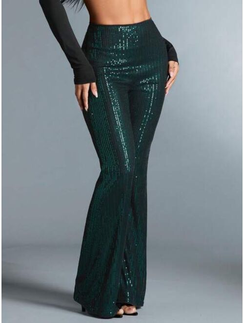 SHEIN BAE Women'S Elegant Party Outfit Dark Green Sequin Flare Pants