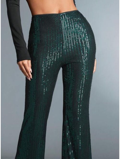 SHEIN BAE Women'S Elegant Party Outfit Dark Green Sequin Flare Pants