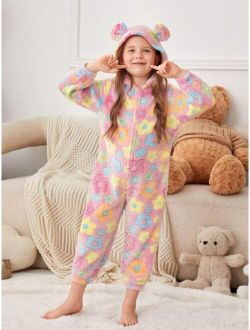 Young Girl Floral Pattern 3D Ear Design Hooded Flannel Jumpsuit