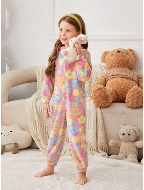 SHEIN Young Girl Floral Pattern 3D Ear Design Hooded Flannel Jumpsuit
