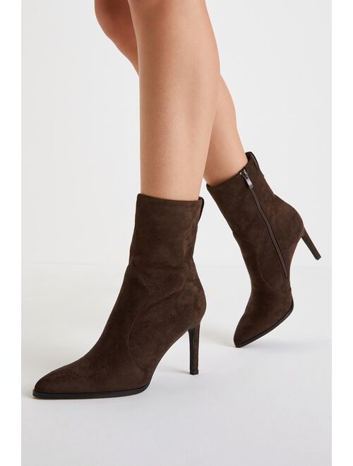 Lulus Evander Chocolate Brown Suede Pointed-Toe Mid-Calf Boots