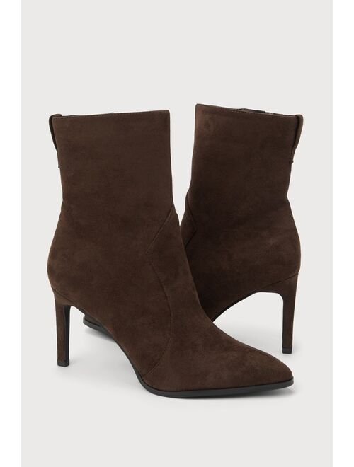 Lulus Evander Chocolate Brown Suede Pointed-Toe Mid-Calf Boots