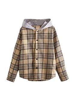 Boy's Plaid Button Front Long Sleeve Hooded Shirt Casual Tops