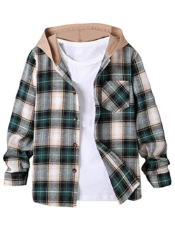 Boy's Plaid Button Front Long Sleeve Hooded Shirt Casual Tops