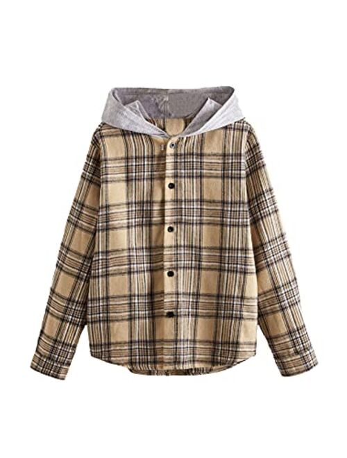 WDIRARA Boy's Plaid Button Front Long Sleeve Hooded Shirt Casual Tops