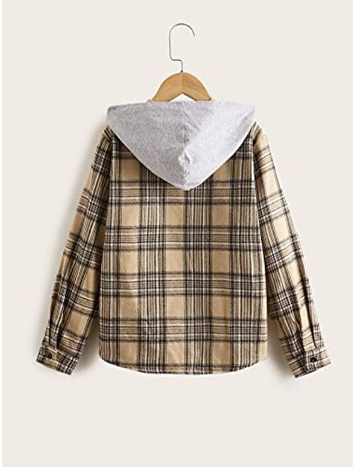 WDIRARA Boy's Plaid Button Front Long Sleeve Hooded Shirt Casual Tops