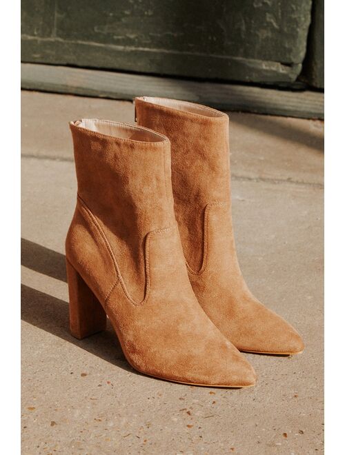 Lulus Pheonixx Brown Suede Pointed-Toe Ankle Booties