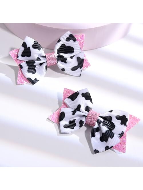 Ncmama 2PCS Cow Print Hair Bow Clips for Girls, Cute Moo Cow Bows Pink Grosgrain Ribbon Alligator Clips Hair Accessories for Toddler Infant Children kids Women Girls Cow 