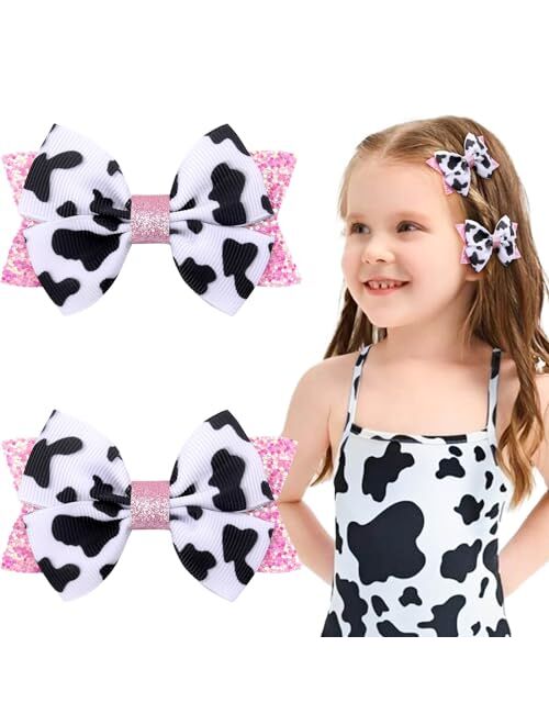 Ncmama 2PCS Cow Print Hair Bow Clips for Girls, Cute Moo Cow Bows Pink Grosgrain Ribbon Alligator Clips Hair Accessories for Toddler Infant Children kids Women Girls Cow 