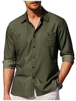 Mens Casual Button Down Shirts Long Sleeve Chambray Shirts Wrinkle Free Shirt