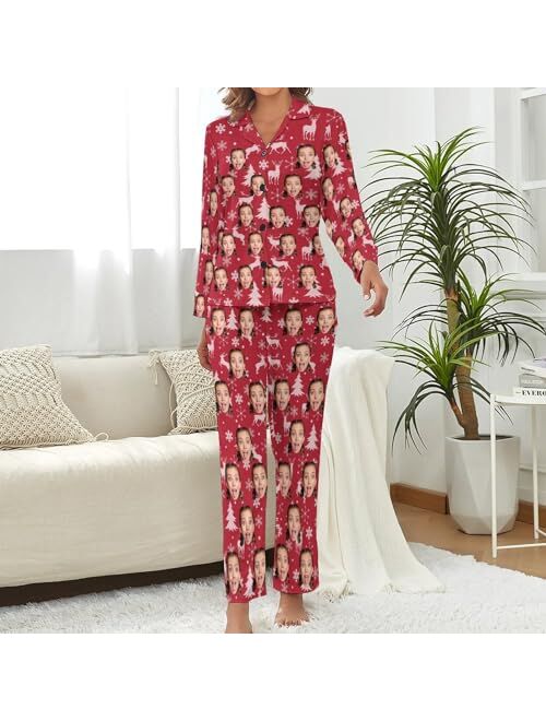 COLORSFORU Custom Women's Long Pajama Set with Face, Personalized Dog Cat Pjs Nightwear Photo on Sleepwear Loungewear