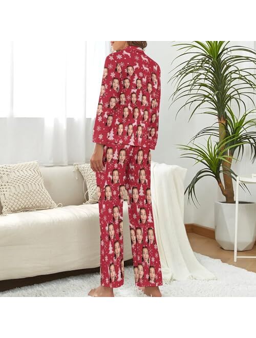 COLORSFORU Custom Women's Long Pajama Set with Face, Personalized Dog Cat Pjs Nightwear Photo on Sleepwear Loungewear