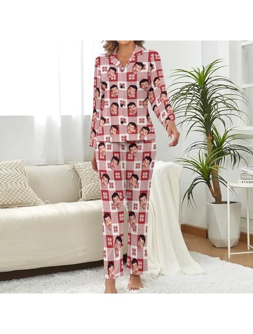 COLORSFORU Custom Women's Long Pajama Set with Face, Personalized Dog Cat Pjs Nightwear Photo on Sleepwear Loungewear
