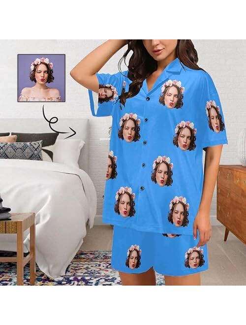 InterestPrint Custom Face Womens V-Neck Short Pajamas Personalized Pet Shirt PJ Sets Casual Sleepwear 2 Pieces Pjs