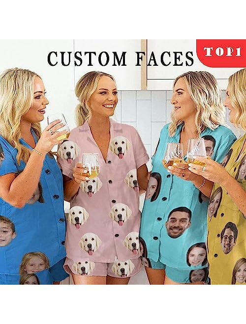 InterestPrint Custom Face Womens V-Neck Short Pajamas Personalized Pet Shirt PJ Sets Casual Sleepwear 2 Pieces Pjs
