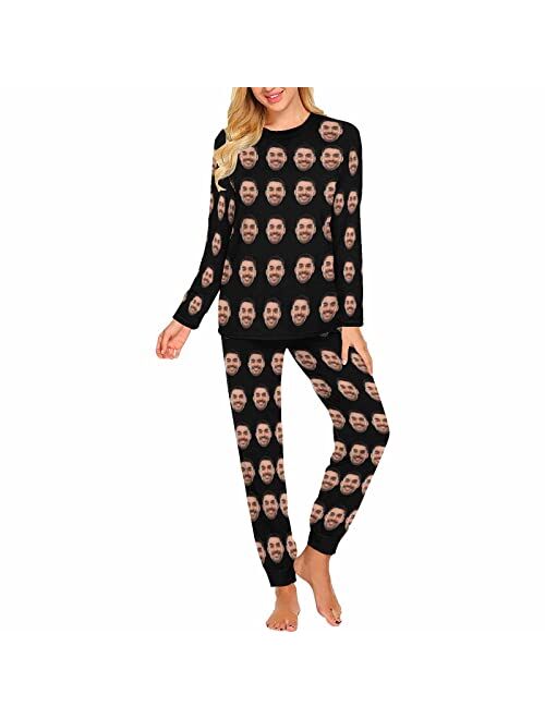 Artsadd Custom Funny Face Womens' Pajama,Red Santa Hat Pajamas,Personalized Long Sleeve Pjm Sets Sleepwear,Xmas Gifts