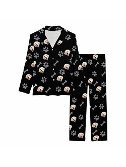 Artsadd Custom dog face paws bones pink Pajama Set for Women Personalized Picture Print Long Sleeve Sets Sleepwear Nightwear